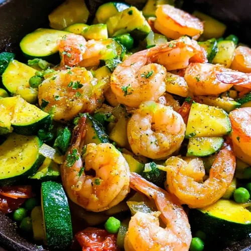 A vibrant stir-fry dish featuring plump shrimp and fresh zucchini slices.
