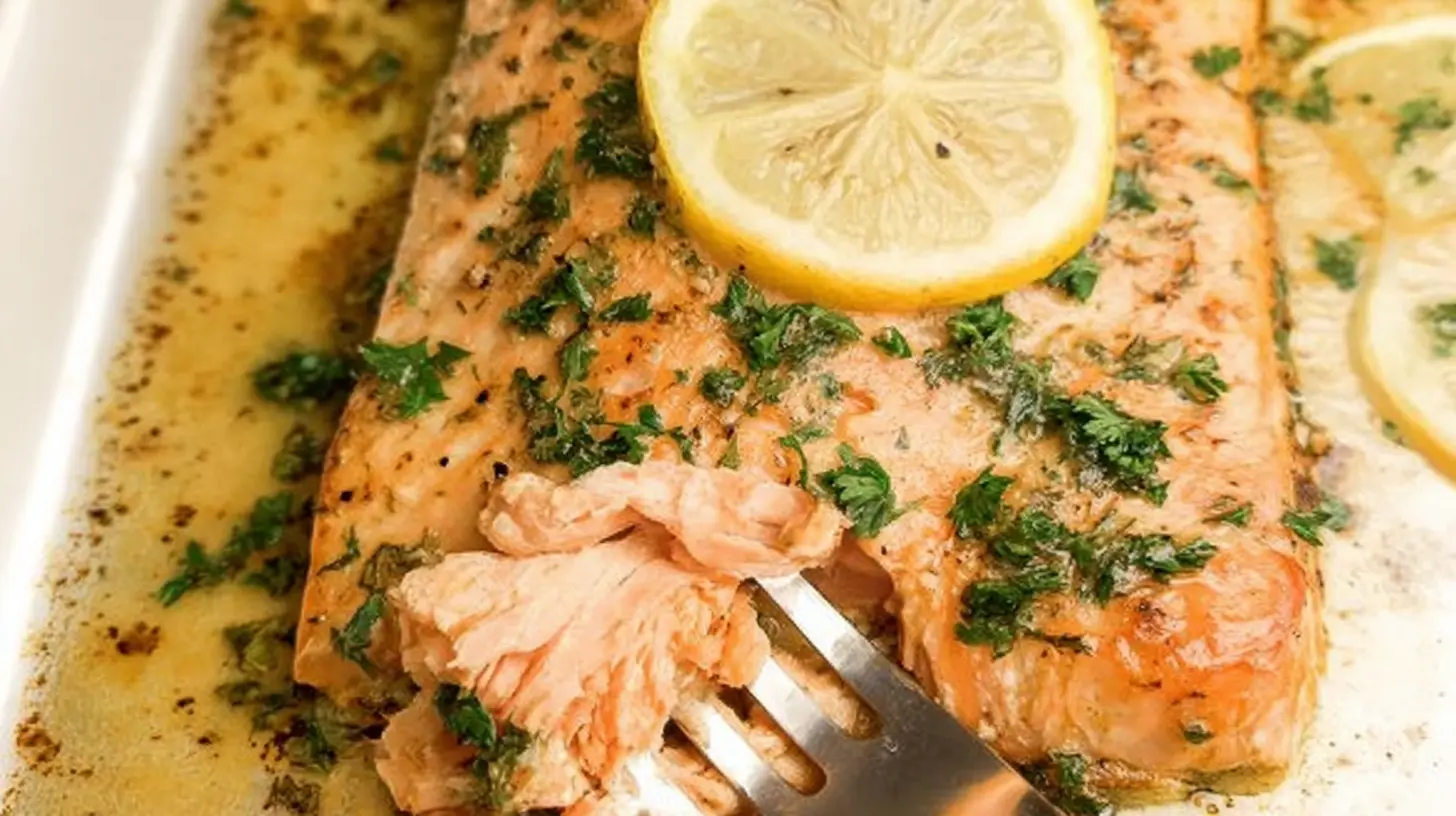 Golden brown no-fuss baked salmon fillet on a serving dish.