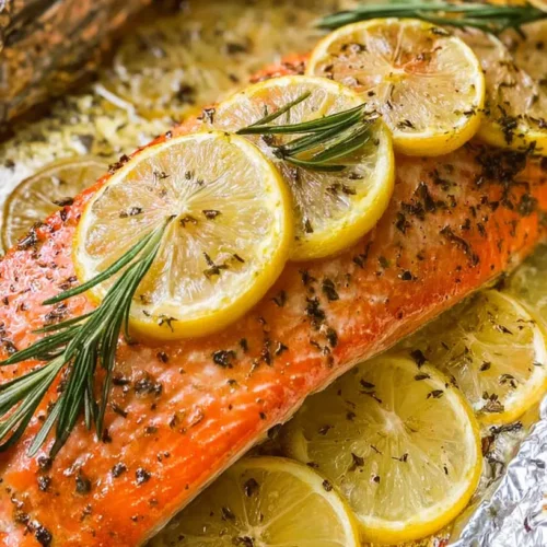 A simple baked salmon fillet adorned with lemon slices and fresh dill.