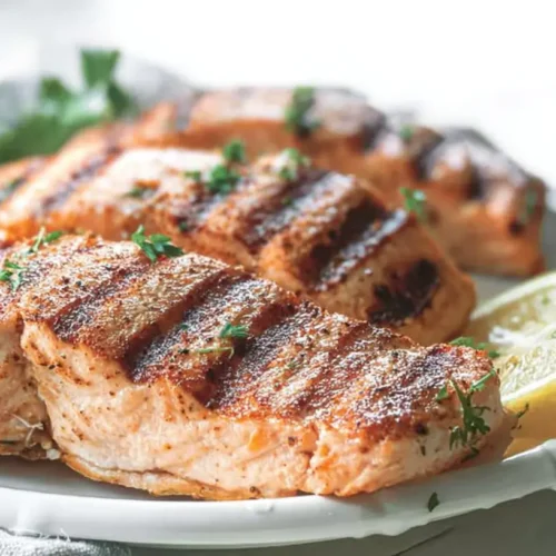 A simple grilled salmon fillet with herbs and lemon.