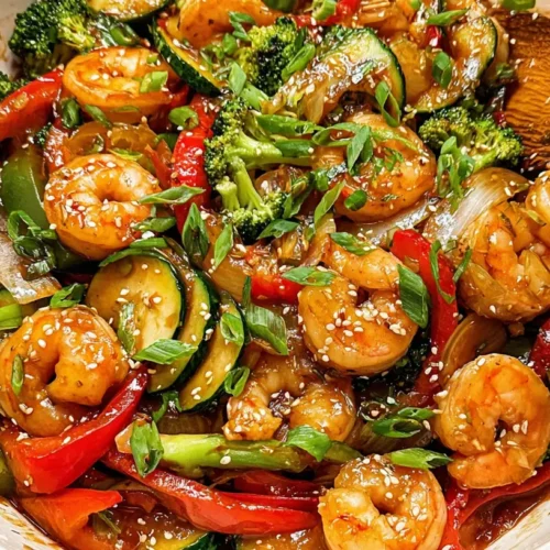 A colorful and simple shrimp stir fry with various vegetables in a pan.
