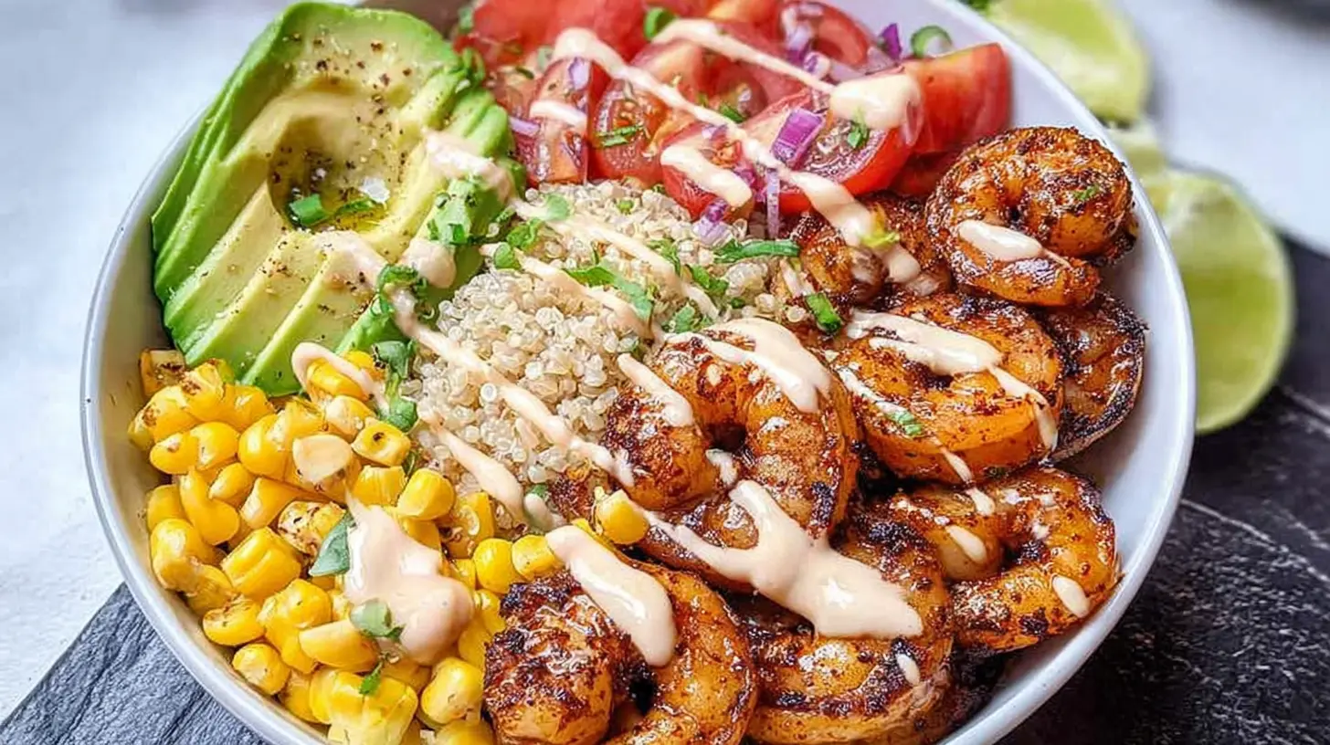Overhead view of a vibrant healthy shrimp bowl with diverse ingredients