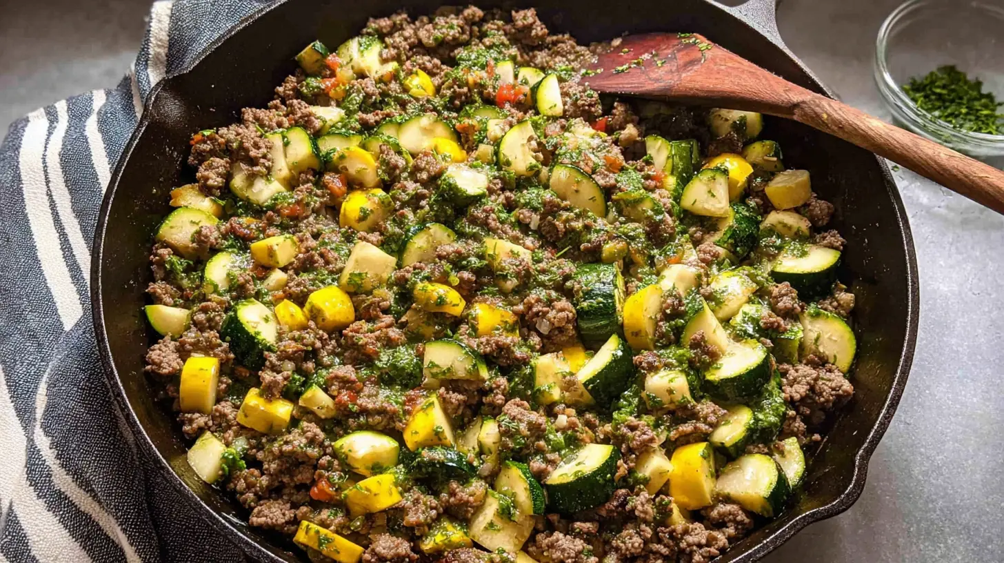 Lean ground beef and fresh zucchini stir-fried in a skillet, ready to serve.