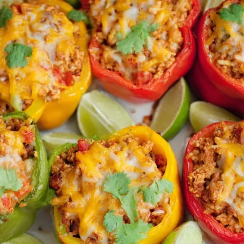 Healthy ground turkey stuffed peppers baked to perfection