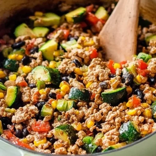 A lean ground turkey skillet dish cooked with colorful vegetables.