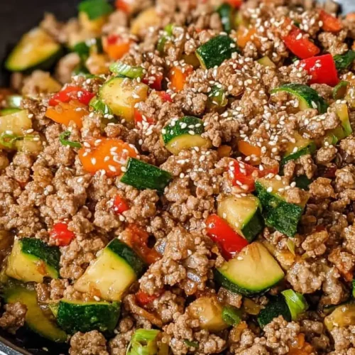 A colorful lean ground turkey stir fry with mixed vegetables in a skillet.