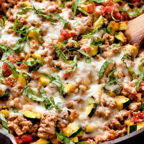A low fat ground turkey skillet with colorful vegetables, ready to serve.