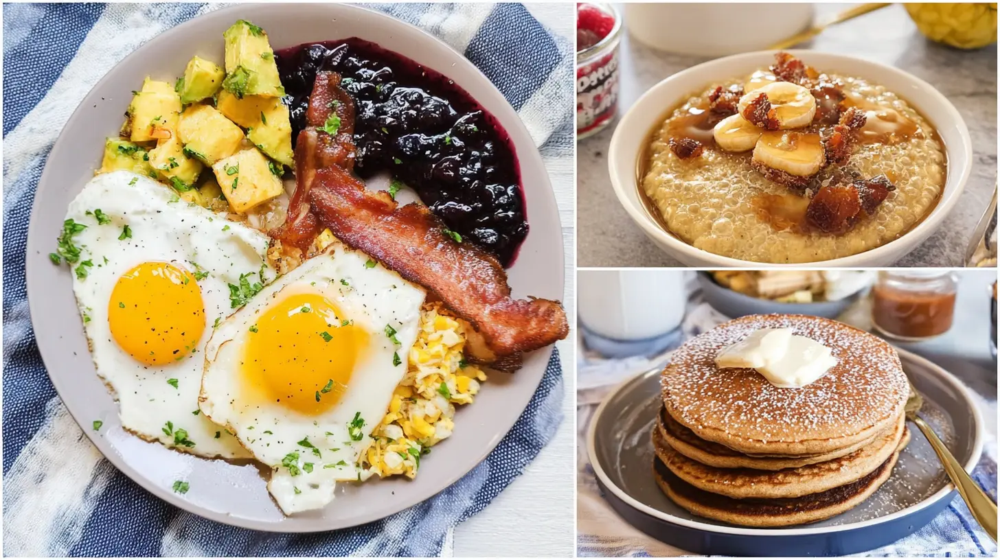 Various convenient and healthy Breakfast Ideas for Busy Families laid out on a kitchen counter.