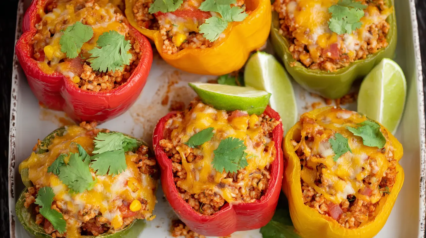 Colorful bell peppers filled with savory ground turkey and vegetables