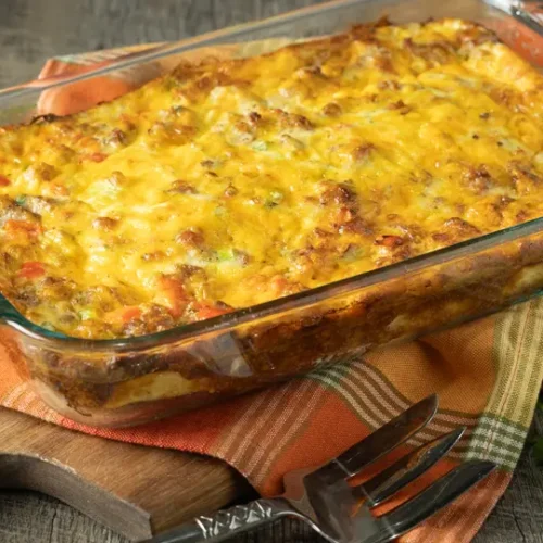 A hot and delicious all-in-one breakfast casserole fresh from the oven