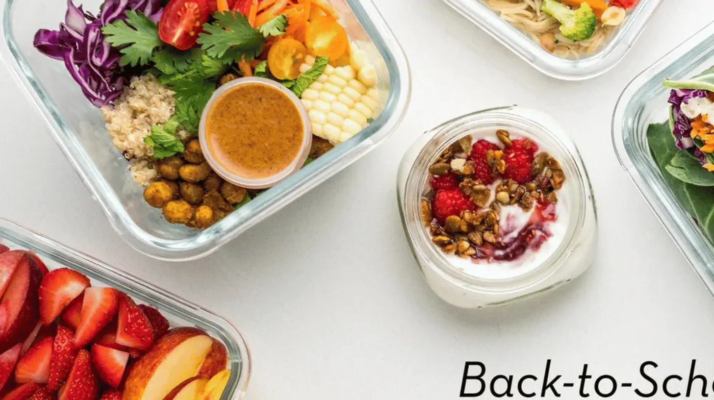 Various containers of back to school meal prep ideas laid out on a kitchen counter