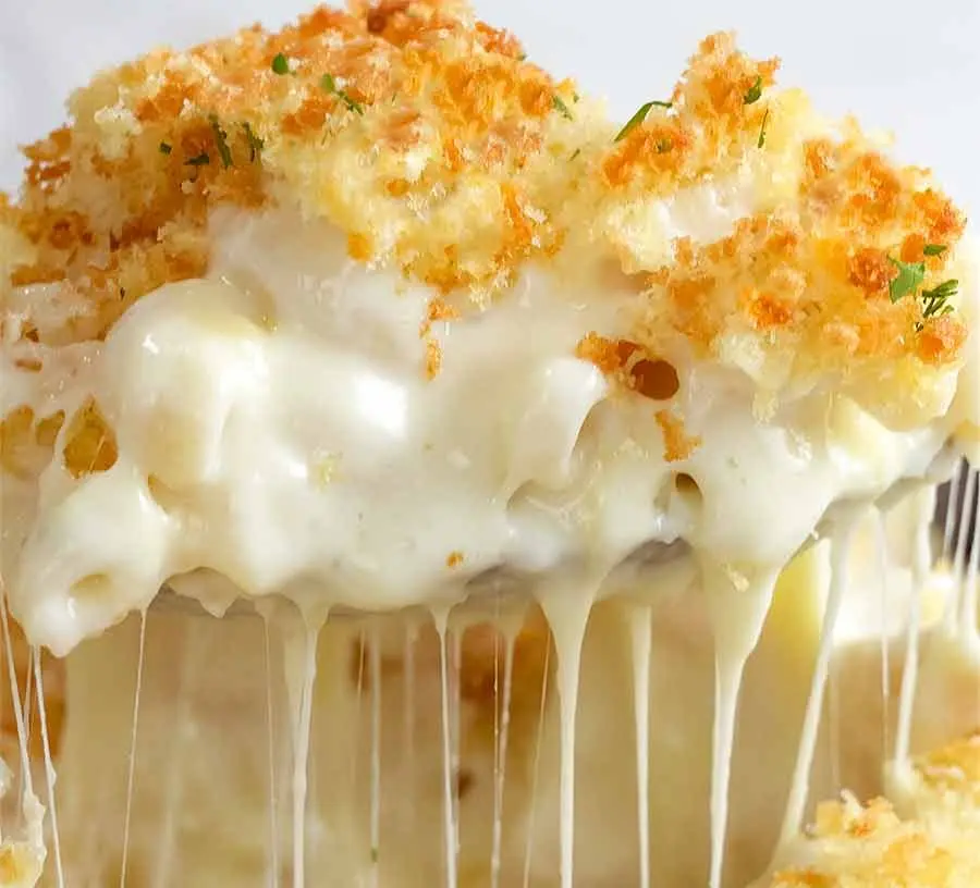 A bubbling dish of baked mac and cheese fresh from the oven