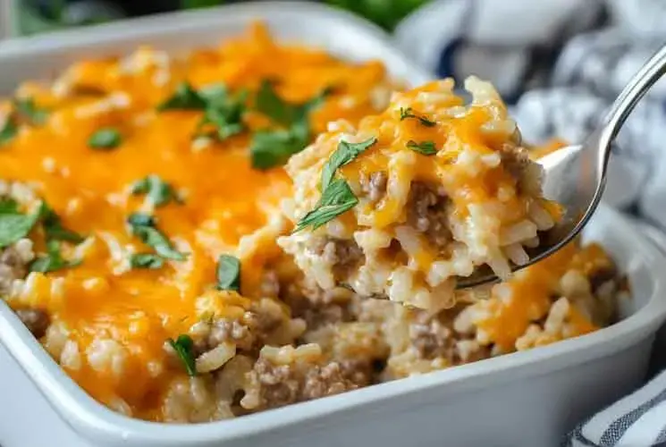 A bubbling cheesy hamburger casserole in a baking dish, fresh from the oven