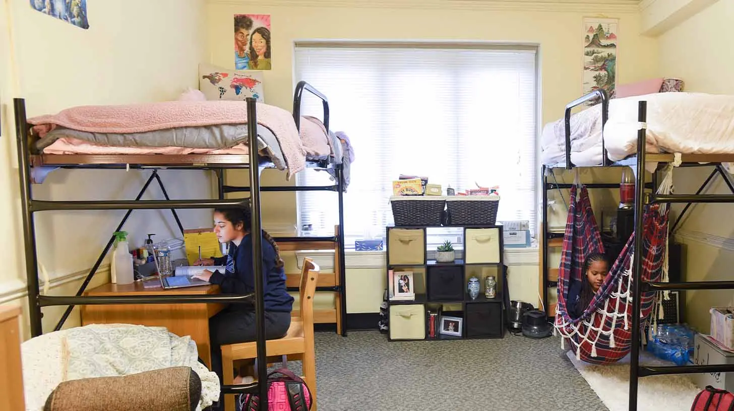 A collection of college dorm room essentials neatly organized for a student.