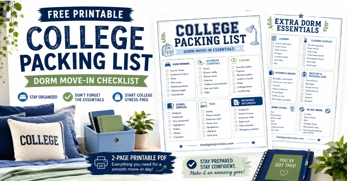 A comprehensive college move-in day checklist with items to pack