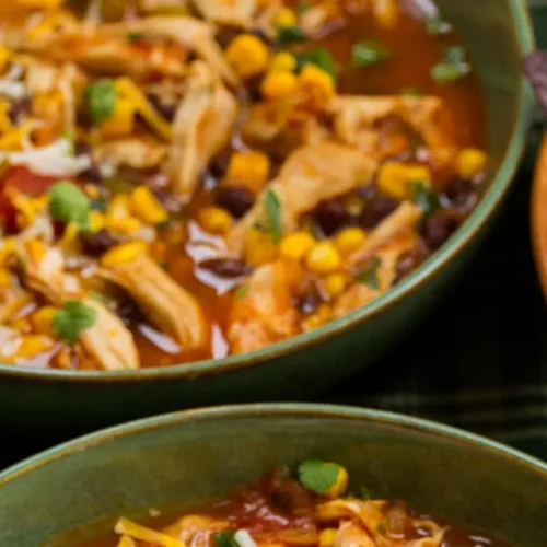 A hearty crockpot chicken tortilla soup in a bowl, garnished with fresh cilantro and lime.