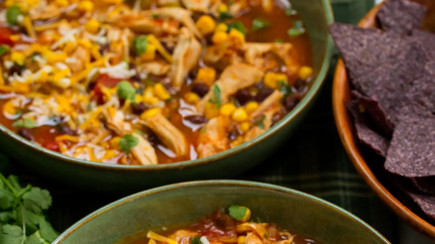 A hearty crockpot chicken tortilla soup in a bowl, garnished with fresh cilantro and lime.