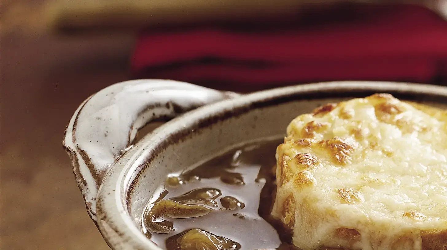 A bowl of crockpot French onion soup with melty cheese and croutons