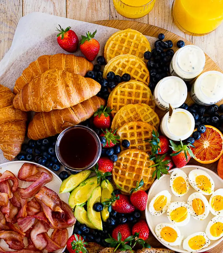 A colorful, easy breakfast plate with fruits and eggs