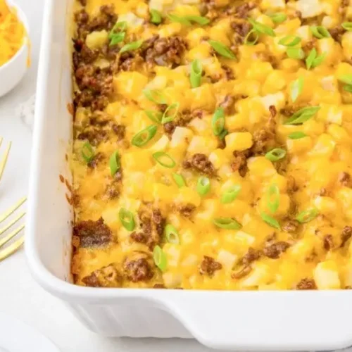 A lightened-up breakfast casserole recipe, freshly baked and golden brown.