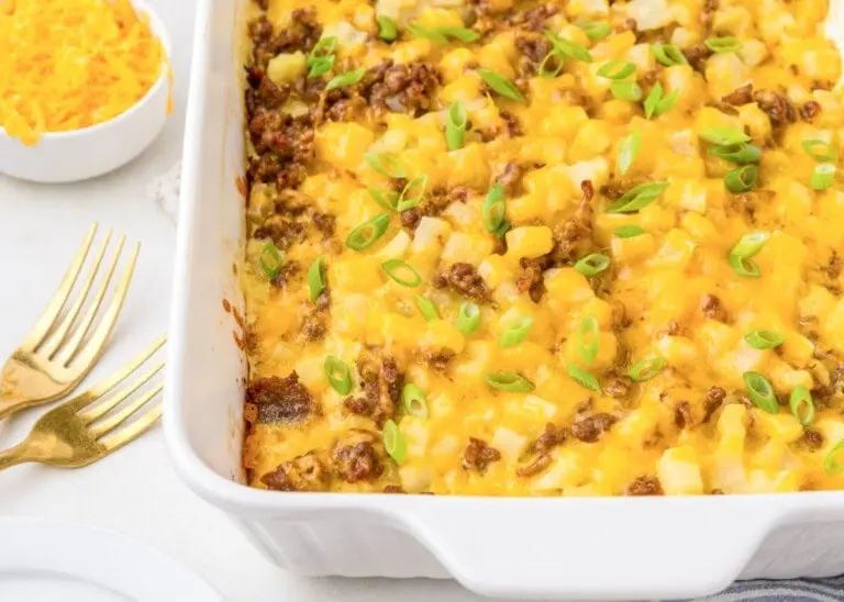 A lightened-up breakfast casserole recipe, freshly baked and golden brown.