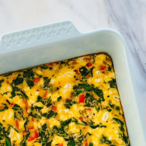 A visually appealing low-calorie breakfast casserole, freshly baked and ready to serve.