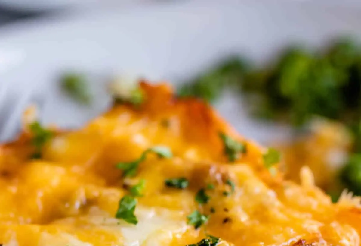 A full pan of make ahead breakfast casserole for a crowd, ready to serve