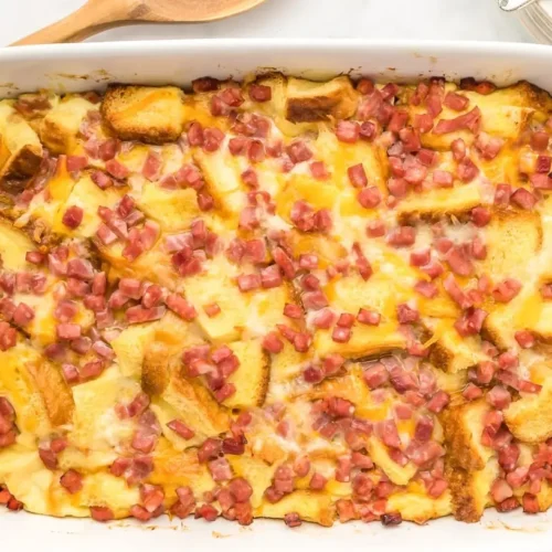 A freshly baked no-fuss breakfast casserole bake, golden brown and bubbling