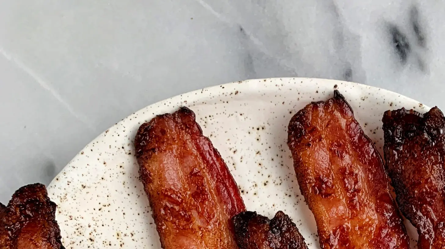 Strips of oven baked crispy bacon on a sheet pan