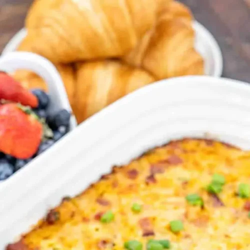 A freshly baked Quick Prep Breakfast Casserole, steaming hot and ready to serve.
