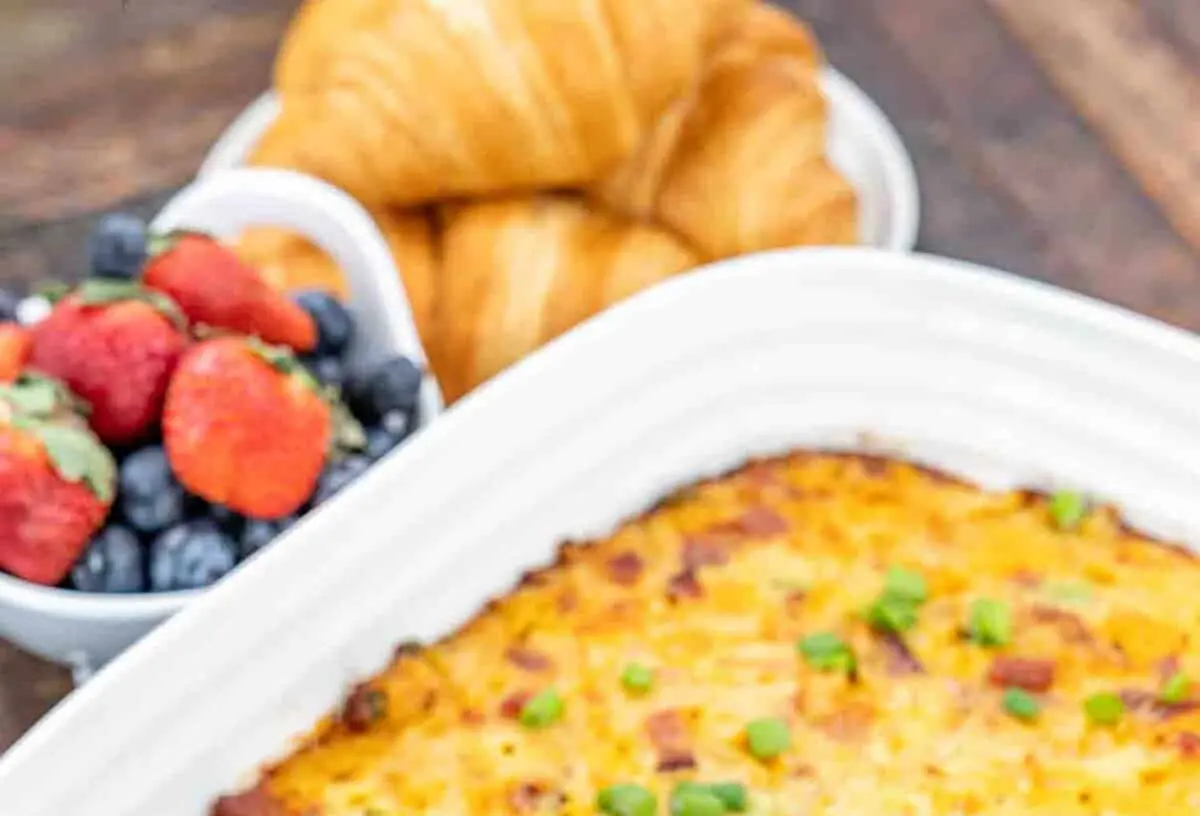A freshly baked Quick Prep Breakfast Casserole, steaming hot and ready to serve.