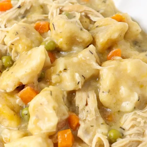 A steaming bowl of chicken and dumplings with herbs