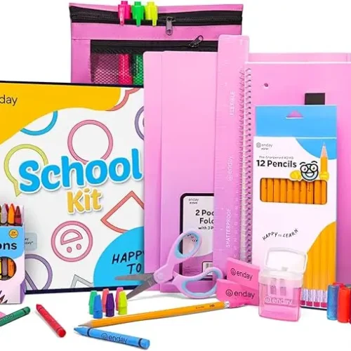 A collection of colorful school supplies available on Amazon, including pens, notebooks, and binders.