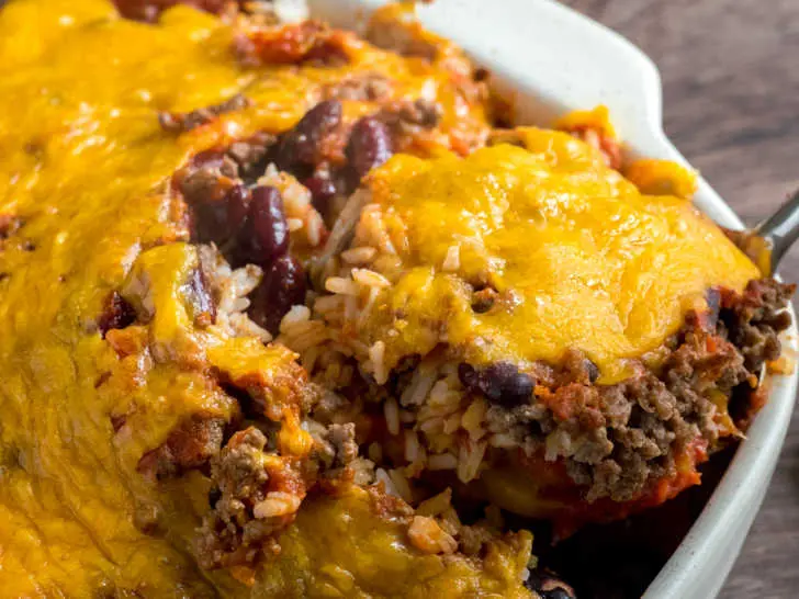 A bubbling shipwreck casserole in a baking dish, fresh from the oven.