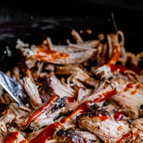 Delicious slow cooker pulled pork, ready to serve