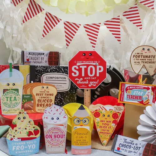 Various teacher appreciation gift ideas arranged for a display