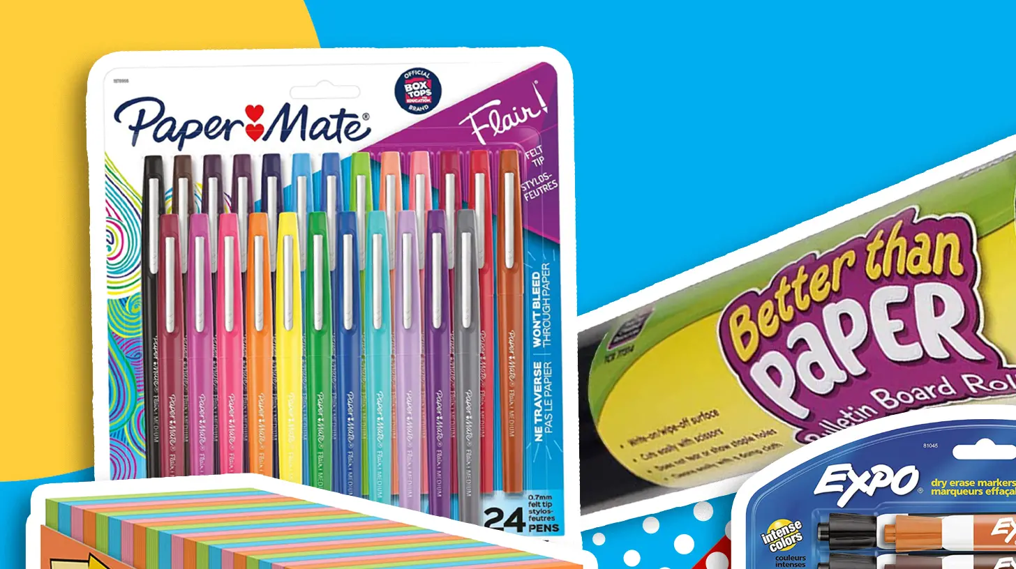 Various teacher classroom supplies displayed, highlighting great deals for educators.