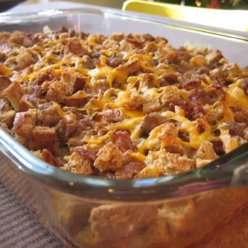 A traditional breakfast egg casserole, golden brown and freshly baked.